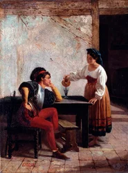 Fiatal szolga egy fogadóban és egy katona Giovanni Battista Crosa festménye (aktív 1859 és 1882 között) 1865 Méret 98x64 cm Genes, Galleria d