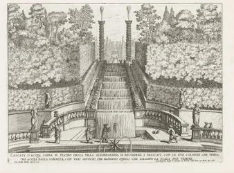 Cascade in de tuinen van de Villa Aldobrandini te Frascati Vízesés a villa Aldobrandina di Belvedere színháza fölött Frascatiban (...) (cím az objektumon) A Frascati villák szökőkútjai (sorozat címe) Fonteinen van Frascati (sorozat címe)