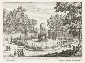 Fontein in de tuinen van de Villa Torlonia te Frascati Felső szökőkút a lépcső tetején és vízesés a színház felett (...) (cím a tárgyon) A Frascati villák szökőkútjai (sorozat címe) Fonteinen van Frascati (sorozat címe)