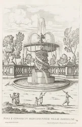 Fontein met dolfijnen in de tuinen van Villa Doria Pamphilj te Rome A szökőkút Pamphylia város hercegi kapuja előtt (cím a tárgyon) Le fontane ne palazzi e ne giardini di Roma (sorozat címe) Fonteinen in de paleizen en tuinen van Rome (sorozat címe