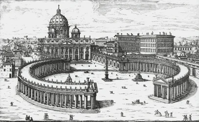 Vatikán, kilátás a Piazza San Pietro-ra, a Szent Péter-bazilikával és a Vatikáni palotákkal, Giovanni Battista Falda metszetével. 1665