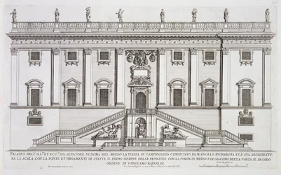 A római Piazza del Campidoglio Palazzo Senatorio homlokzatának látképe, Michelangelo Buonarroti (1475-1564) kezdte, Girolamo Rainaldi (1570-1655) fejezte be