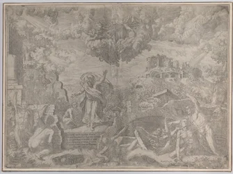 Ezékiel látomása a halottak feltámadásával és testükre öltésével, az Atyaisten abo..., 1579.