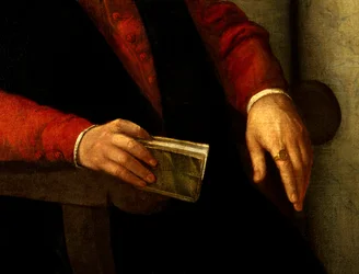 Francois Rabelais (1494-1553) francia író és orvos feltételezett portréja. Részlet a kezében tartott könyvről és a lovagról, akit az ujján hord. Giovanni Battista Moroni (1525-1578) festménye