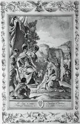 Armida Goffredo előtt, metszet, Giovanni Battista Piazzetta (1683-1754) a jeruzsálemi III. énekhez Delivered, Torquato Tasso (1544-1595), kiadó: Giovanni Battista Albrizzi, Velence, Olaszország