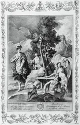 Carlo és Ubaldo a Happy Islandsben, metszet, Giovanni Battista Piazzetta (1683-1754) a jeruzsálemi XV. énekhez Kiadva, Torquato Tasso (1544-1595), Giovanni Battista Albrizzi kiadás, Velence, Olaszország