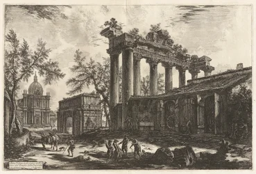 Altra Veduta degli avanzi del Pronao del Tempio del Concordia (egy másik nézet a Concord-templom Pronaos maradványairól [a Szaturnusz-templom Septimius Severus ívével a bal háttérben]), Vedute di Roma-ból (Róma látképe)