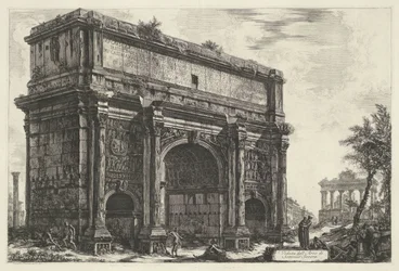 Boog van Septimius Severus Rómában Kilátás a Septimius Severus boltívére (cím az objektumon) Gezichten op Rome (sorozat címe) Róma látképei, amelyeket Giambattista Piranesi építész, Ve (nez) iano tervezett és vésett (sorozat címe)