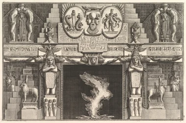 Kéménydarab egyiptomi stílusban: Három női aktból álló csoportok mindegyik j... alján, kb. 1769.