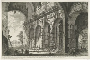 Finanszírozó: Santi Giovanni és Paolo te Rome Kilátás a Serraglio delle Fiere felső emeletére, amelyet Domitianus épített a Flavius-amfiteátrum számára, és közismert nevén Curia Ostilia (cím a tárgyon) Gezichten op Rome (sorozat címe) Nézetek R