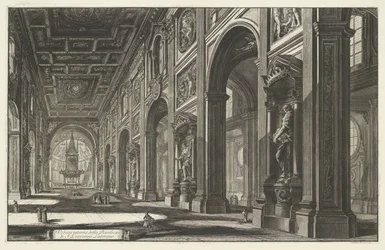 Interieur van de Sint-Jan van Lateranen te Róma A S. Giovanni Laterano-bazilika belső képe (cím a tárgyon) Gezichten op Rome (sorozat címe) Róma kilátásai, amelyeket Giambattista Piranesi építész, Ve (nez) iano tervezett és vésett (sorozat címe)