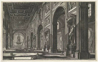 Interieur van de Sint-Jan van Lateranen te Róma A S. Giovanni Laterano-bazilika belső képe (cím a tárgyon) Gezichten op Rome (sorozat címe) Róma látképei, amelyeket Giambattista Piranesi építész, Ve (nez) iano tervezett és vésett (sorozat címe)