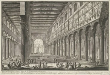 Interieur van de Sint-Paulus buiten de Muren te Rome A S. Paolo fuori delle Mur bazilika belső képe (...) (cím a tárgyon) Gezichten op Rome (sorozat címe) Róma kilátását Giambattista Piranesi építész, Ve (nez) iano tervezte és metszett