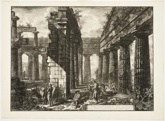 Belső nézet a Neptunusz-templom egyik pronaoijának maradványairól, amely a szárazföld felé néz, Paestum különböző kilátásaiból