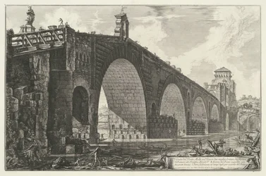 Milvische brug te Róma Kilátás a Ponte Molle-ra a Tiberis felett, két mérföldre Rómától (cím a tárgyon) Gezichten op Rome (sorozat címe) Róma látképei, amelyeket Giambattista Piranesi építész, Ve (nez) iano tervezett és vésett (sorozat címe)