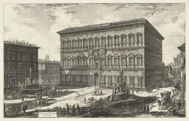 Farnese palota Rómában Kilátás a Palazzo Farnese-ra (cím a tárgyon) Gezichten op Rome (sorozat címe) Róma kilátásai, amelyeket Giambattista Piranesi építész, Ve (nez) iano tervezett és vésett (sorozat címe)