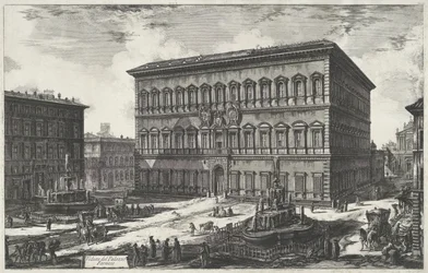 Palazzo Farnese te Róma Kilátás a Palazzo Farnese-ra (cím a tárgyon) Gezichten op Rome (sorozat címe) Róma kilátásai, amelyeket Giambattista Piranesi építész, Ve (nez) iano tervezett és vésett (sorozat címe)