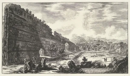 Pecile a Villa Adriana t-ben és a Tivoliban Kilátás a Castro Pretorio maradványaira a tivoli-i Villa Adrianában (cím a tárgyon) Gezichten op Rome (sorozat címe) Róma kilátásait Giambattista Piranesi építész, Ve (nez) iano tervezte és vésette (sorozat címe