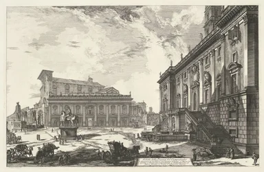 Piazza del Campidoglio te Róma Kilátás a Piazza del Campidoglio-ra (cím a tárgyon) Gezichten op Rome (sorozat címe) Róma látképei, amelyeket Giambattista Piranesi építész, Ve (nez) iano tervezett és vésett (sorozat címe)