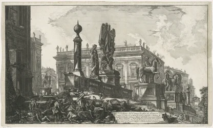 A Capitol Square van linkek gezien A Capitolium oldalnézete (cím a tárgyon) Gezichten op Rome (sorozat címe) Róma kilátásai, amelyeket Giambattista Piranesi építész, Ve (nez) iano tervezett és vésett (sorozat címe)