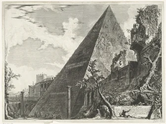 Piramide van Cestius te Róma C. Cestio piramisa (cím a tárgyon) Gezichten op Rome (sorozat címe) Róma látképei, amelyeket Giambattista Piranesi építész, Ve (nez) iano tervezett és vésett (sorozat címe)