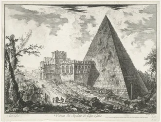 Piramide van Cestius te Róma Kilátás Cajo Castio sírjára (cím a tárgyon) Gezichten op Rome (sorozat címe) Róma látképei, amelyeket Giambattista Piranesi építész, Ve (nez) iano tervezett és vésett (sorozat címe)