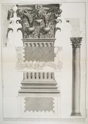 LXXXIV-V. tábla A Pantheon portikuszának egy részének nagyméretű bemutatója a „Vedute”-ból, először 1756-ban, pub. írta: E und F.N. Spon Kft., 1900