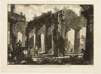 Hátulnézet a Neptunusz-templom pronaosz maradványairól, a két előző lemezre rajzolva, Paestum különböző nézeteiből