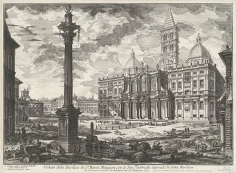 Santa Maria Maggiore Rómában Kilátás a Santa Maria Maggiore-bazilikára az említett bazilika két oldalsó gyárával (cím a tárgyon) Gezichten op Rome (sorozat címe) Giambattista Piranesi építész, Ve (nez) ia által tervezett és metszett római kilátások