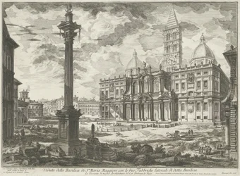 Santa Maria Maggiore Rómában Kilátás a Santa Maria Maggiore-bazilikára az említett bazilika két oldalsó gyárával (cím a tárgyon) Gezichten op Rome (sorozat címe) Giambattista Piranesi építész, Ve (nez) ia által tervezett és metszett római kilátások