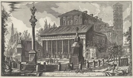Sint-Laurens buiten de Muren te Róma Kilátás a San Lorenzo-bazilikára a falakon kívül (cím a tárgyon) Gezichten op Rome (sorozat címe) Róma látképeit Giambattista Piranesi építész, Ve(nez)iano rajzolta és vésette (sorozat címe)