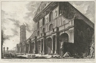 Sint-Paulus buiten de Muren te Róma Kilátás a Szent Pál-bazilikára a falakon kívül, Nagy Konstantin építette (cím a tárgyon) Gezichten op Rome (sorozat címe) Róma kilátását Giambattista Piranesi építész, Ve (nez) iano (seri) tervezte és metszett