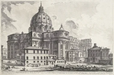Sint-Pietersbasiliek vanaf sekrestye tér Kilátás a nagy vatikáni Szent Péter-bazilika külső oldalára (cím a tárgyon) Gezichten op Rome (sorozat címe) Róma kilátását Giambattista Piranesi építész, Ve (nez) iano (ser) tervezte és metszett