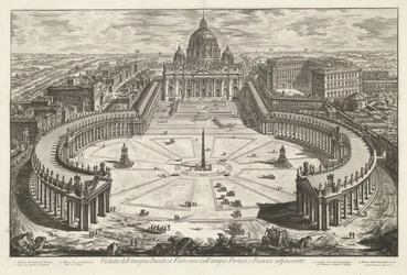 Sint-Pietersplein met de Sint-Pietersbasiliek te Vaticaanstad Kilátás a híres Vatikáni Bazilikára a nagy portikával és a szomszédos Piazza térrel (cím a tárgyon) Gezichten op Rome (sorozat címe) Giambattista Piranesi ív által tervezett és metszett Róma kil