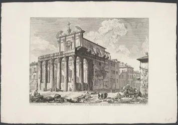 Tempel van Antoninus és Faustina te Róma Kilátás Antoninus és Faustina templomára a Campo Vaccinoban (cím a tárgyon) Gezichten op Rome (sorozat címe) Róma kilátásai, amelyeket Giambattista Piranesi építész, Ve (nez) iano tervezett és vésett (sorozat címe)