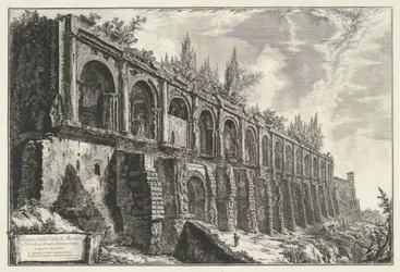 Tempel van Hercules Victor a Tivoliban Maradékok a tivoli-i Villa di Maecenasból, opus incertumban (cím a tárgyon) épült travertinokból Gezichten op Rome (sorozat címe) Róma látképeit Giambattista Piranesi építész, Ve(nez)iano rajzolta és vésette (