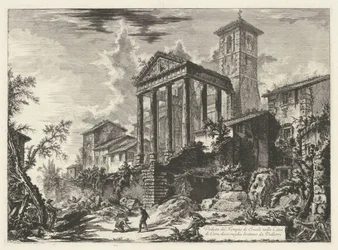 Tempel van Hercules te Cori Kilátás a Herkules-templomra Cora városában, tíz mérföldre Velletritől (cím a tárgyon) Gezichten op Rome (sorozat címe) Róma kilátásai Giambattista Piranesi építész, Ve (nez) iano által tervezett és metszett (t sorozat