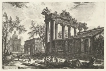 Tempel van Saturnus Rómában Egy másik nézet a Concordia-templom Pronaos maradványairól (cím a tárgyon) Gezichten op Rome (sorozat címe) Róma látképei, amelyeket Giambattista Piranesi építész, Ve (nez) iano tervezett és vésett (sorozat címe)