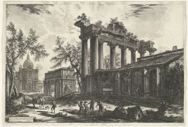 Tempel van Saturnus Rómában Egy másik nézet a Concordia-templom Pronaos maradványairól (cím a tárgyon) Gezichten op Rome (sorozat címe) Róma látképei, amelyeket Giambattista Piranesi építész, Ve (nez) iano tervezett és vésett (sorozat címe)