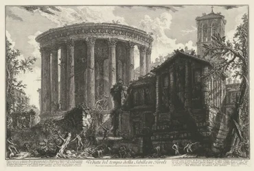 Tempel van Vesta en de Tempel van de Tiburtijnse Sibille Tivoliban Kilátás a tivolii Szibilla templomra (cím a tárgyon) Gezichten op Rome (sorozat címe) Giambattista Piranesi építész, Ve (nez) iano (nez) iano által tervezett és metszett római kilátások (ti