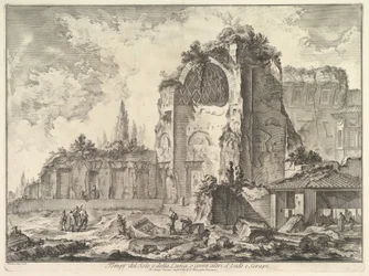Vénusz és Roma templomát tévesen Sol és Luna Veduta degli... templomnak hívják, kb. 1759.