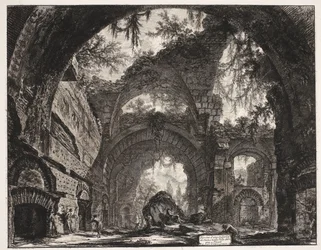 Thermen in de Villa Adriana t és Tivoli Szoborgaléria romjai Hadrianus villájában Tivoliban (cím a tárgyon) Gezichten op Rome (sorozat címe) Róma látképei, amelyeket Giambattista Piranesi építész, Ve (nez) iano tervezett és vésett (sorozat címe)