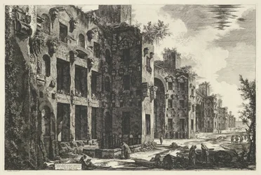 Thermen van Diocletianus Rómában Kilátás a Diocletianus-fürdő felső maradványaira S. Maria degli Angeliben (cím a tárgyon) Gezichten op Rome (sorozat címe) Róma kilátását Giambattista Piranesi építész, Ve (nez) iano (seri) tervezte és metszett