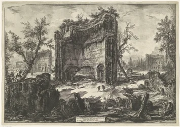 Thermen van Trajanus Rómában Kilátás a gyárak maradványaira a Terme di Tito második emeletén (cím a tárgyon) Gezichten op Rome (sorozat címe) Róma látképei, amelyeket Giambattista Piranesi építész, Ve (nez) iano tervezett és vésett (sorozat címe)