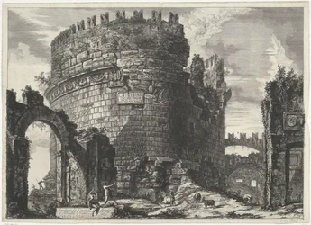 Tombe van Caecilia Metella Rómában Cecilia Metell sírja (...) (cím az objektumon) Gezichten op Rome (sorozat címe) Róma látképei, amelyeket Giambattista Piranesi építész, Ve (nez) iano tervezett és vésett (sorozat címe)