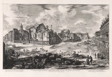 Kilátás Diocletianus fürdőjének felső romjaira [távoli nézet a Santa Maria degli Angeli templommal], a Vedute di Roma felől (Róma látképe)