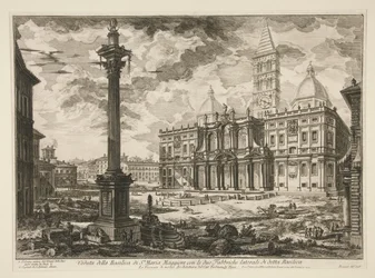 Kilátás a Mikulás-bazilikára. Maria Maggiore az említett bazilika két mellékgyárával (S. Maria Maggiore Bazilika két oldalsó szárnyával), Vedute di Roma-ból