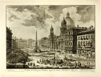 A Piazza Navona látképe a Domitianus körút romjai fölött, a Views of Rome (Róma látképei) című képből.