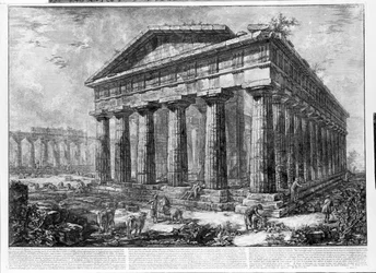 Kilátás a Paestum templomaira (litho)