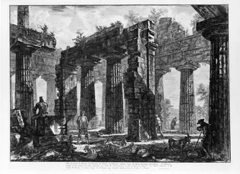 Kilátás a Paestum templomaira (litho)
